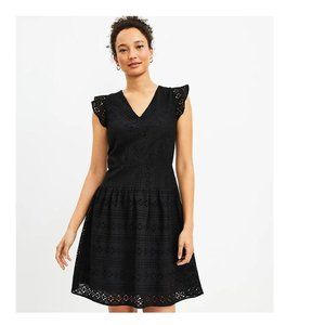 LOFT - Lace V-Neck Ruffle Sleeve Dress, Black, Size 6